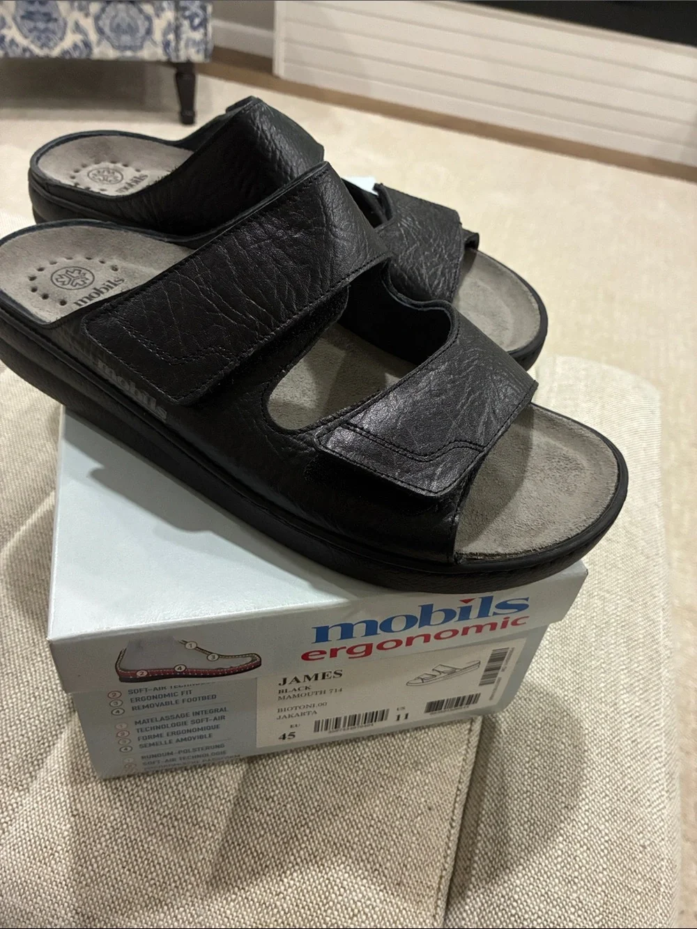Mephisto Black Leather Double-Strap Slide Sandals